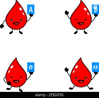 Carino felice sano sorridente sangue drop personaggio, Vector moderno stile piatto disegno icona illustrazione cartone animato stile moderno, isolato su sfondo bianco, sangue Illustrazione Vettoriale
