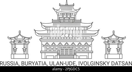 Russia, Buryatia, Ulanude, Ivolginsky Datsan, disegno vettoriale di riferimento di viaggio Illustrazione Vettoriale