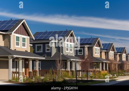 case di nuova costruzione con pannelli solari sul tetto sotto un cielo luminoso Foto Stock