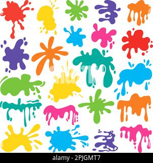 La vernice spruzza i pallini di colore. Macchie stile cartone animato, gocce d'inchiostro isolate astratte. Elementi liquidi sgocciolanti piatti, coloranti di stile artistico elementi vettoriali neoterici Illustrazione Vettoriale