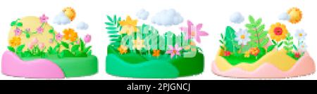 Fiore 3D sul podio. Fiori mazzi o prato rendono composizione. Paesaggio realistiche elementi di plastilina, floreali e foglie pithy vettore set Illustrazione Vettoriale