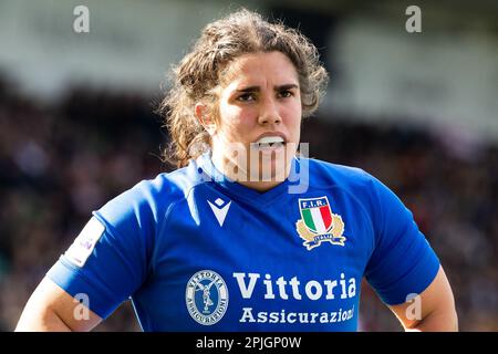 Northampton, Regno Unito. 02nd Apr, 2023. Vittoria Vecchini d'Italia Donne durante il TikTok Women's Six Nations Match Inghilterra vs Italia al Cinch Stadium di Franklin's Gardens, Northampton, Regno Unito, 2nd aprile 2023 (Photo by Nick Browning/News Images) a Northampton, Regno Unito il 4/2/2023. (Foto di Nick Browning/News Images/Sipa USA) Credit: Sipa USA/Alamy Live News Foto Stock