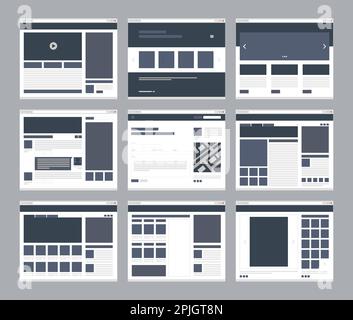 Strutture a reticolo Web. Modelli di destinazione, layout di pagine Web, e-mail video vantaggi impostazione informazioni aziendali blog pagine Web forma html progetti dinamici Illustrazione Vettoriale