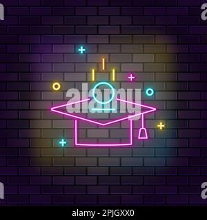 Investimento per l'istruzione neon Icon. Icona del neon educativo su sfondo muro di mattoni scuri Illustrazione Vettoriale
