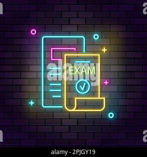 Carta, icona al neon dell'esame. Icona del neon educativo su sfondo muro di mattoni scuri Illustrazione Vettoriale