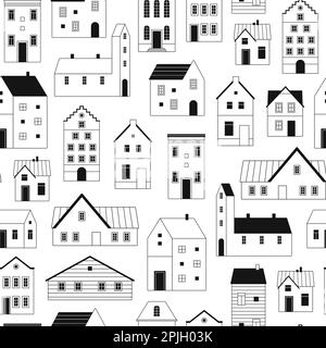 Piccole case doodle senza cuciture modello. Case colorazione pagina, contorno edifici tessuto stampa design. Sfondo urbano, grafica vettoriale decorativa Illustrazione Vettoriale