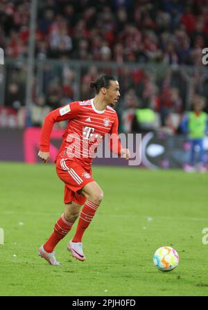 MONACO di BAVIERA, Germania - 01. 2023 APRILE: 10 Leroy SANƒ, sane, durante la partita di calcio della Bundesliga tra il Bayern Muenchen e il BVB Dortmund presso l'Allianz Arena di Monaco il 1. Aprile 2023 , Germania. DFL, Fussball, 4:2 (Foto e copyright @ ATP images / Arthur THILL (THILL Arthur / ATP / SPP) Foto Stock