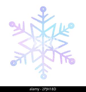 Fiocco di neve disegnato a mano. Carino neon neve isolato su sfondo bianco. Disegno di cristallo di ghiaccio per la stampa invernale di disegno. Astratta icona olografica brillante Illustrazione Vettoriale
