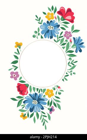 Colorful Chintz Romantic Meadow Wildflowers Vector Round Frame Illustrazione Vettoriale