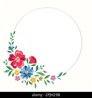 Colorful Chintz Romantic Meadow Wildflowers Vector Round Frame Illustrazione Vettoriale