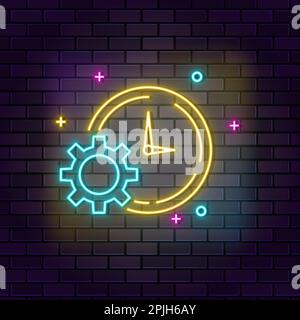 Ingranaggio, icona orologio al neon. Icona del neon educativo su sfondo muro di mattoni scuri Illustrazione Vettoriale