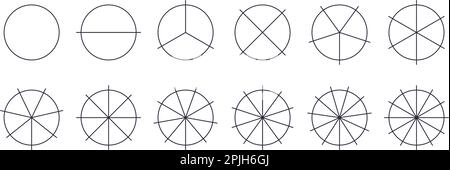 Frazioni di cerchio. Infografica della divisione dell'intervallo su 12 parti o settore, grafico matematico per i terzi tondi per la fetta di torta divisione pizza parti intere tagliate, icone di rapporto illustrazione vettoriale della torta di cerchio del grafico Illustrazione Vettoriale