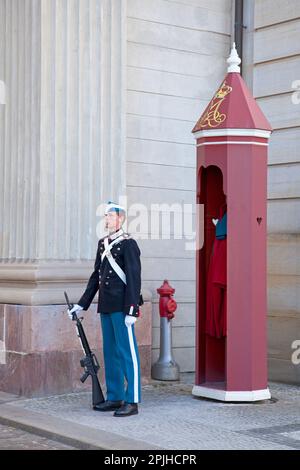 Copenaghen, Danimarca - Giugno 29 2019: Royal Life Guard alla sua cassa di sentry che custodisce l'ingresso del Palazzo di Amalienborg. Foto Stock