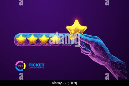 Mano digitale che dà cinque stelle di valutazione. Concetto di feedback futuristico. Illustrazione Vettoriale