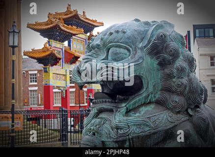 Leone di bronzo Guardiano Cinese di fronte al Paifang Chinatown Gate, Nelson Street, Liverpool, Merseyside, Inghilterra, REGNO UNITO, L1 5DN Foto Stock