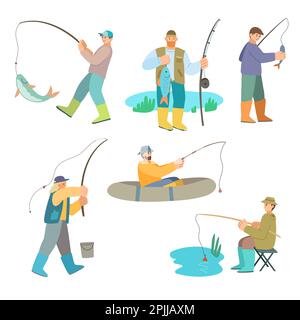 Cartoon pescatore. Uomo in barca che tiene la canna. Pescatore di pesce, set di caratteri vettoriali Illustrazione Vettoriale