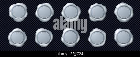 Sigilli in cera d'argento, francobolli per certificati, garanzia di qualità, lettere. Stemmi tondi in cera metallica, etichette medievali vintage, illustrazioni vettoriali realistiche isolate su sfondo trasparente Illustrazione Vettoriale