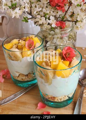 Tropical mango e ananas parfaits in vasetti di vetro, scena su scuro dello sfondo rustico Foto Stock