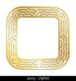 Cornici quadrate A LABIRINTO dorate per connettori decorativi. Ornamenti greci antichi in metallo d'oro isolati su sfondo bianco. Vettore Illustrazione Vettoriale