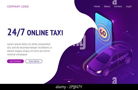 Taxi online 24/7 pagina di destinazione isometrica. Cabina accanto a un enorme smartphone con il pulsante GO sullo schermo. App mobile per il servizio di trasporto in città, illustrazione vettoriale 3D per il carsharing, modello di banner Web Illustrazione Vettoriale