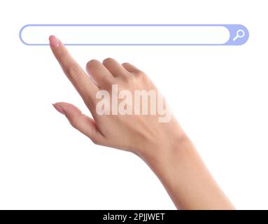 Donne che utilizzano la barra di ricerca del sito web su schermo virtuale, primo piano Foto Stock