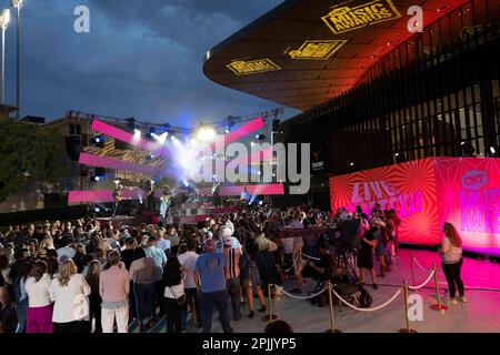 Austin Texas USA, 1 aprile 2023: Il cantante country NATE SMITH si esibisce durante una registrazione di atti in arrivo sul palco RAM Truck al Country Music Television Awards al di fuori del Moody Center di Austin. Credit: Bob Daemmrich/Alamy Live News Foto Stock