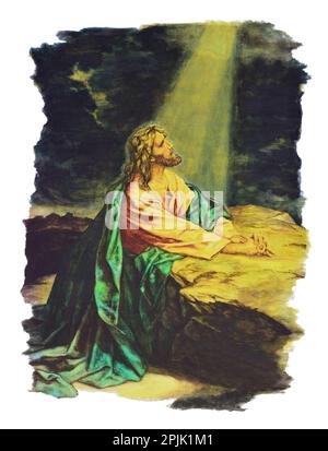Illustrazione disegnata a mano di Gesù cristo che prega nel giardino. pittura ad olio. acquerello Foto Stock