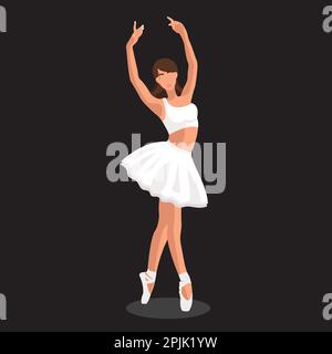 Illustrazione vettoriale balletto classico. Ballerina bianca caucasica in tutu bianco e scarpe appuntite che ballano su sfondo nero. Bella ballerina giovane senza volto in uno stile piatto Illustrazione Vettoriale