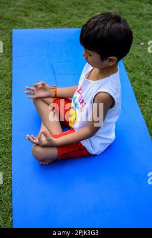 Asian Smart Kid fare yoga posa nel parco sociale all'aperto, la posa yoga dei bambini. Il bambino che fa l'esercitazione di Yoga Foto Stock