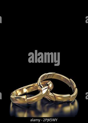 3d resa di anelli di nozze che infrangono su uno sfondo nero Foto Stock