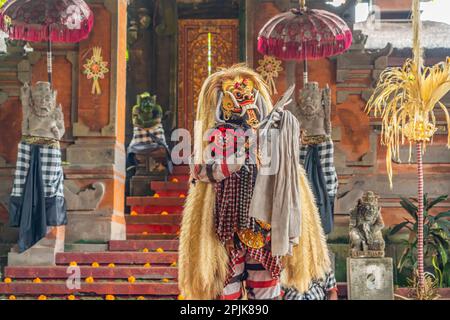 Bali, Indonesia, 14,2023 febbraio: Barong Dance Show, la tradizionale performance balinese a Ubud, una lotta tra i buoni e i cattivi. Foto Stock