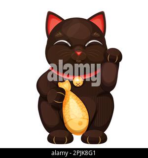 Maneki neko gatto tradizione figura simbolo fortunato, animale domestico con collare e campana, pesce dorato in stile cartoon isolato su sfondo bianco. Illustrazione vettoriale Illustrazione Vettoriale