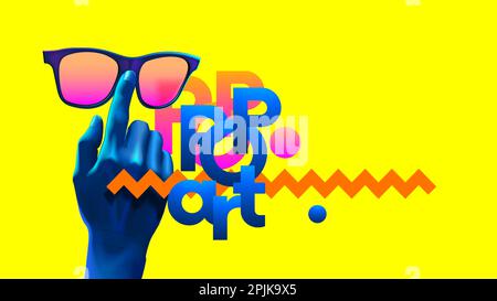 La mano regola gli occhiali. Occhiali da sole pubblicitari in stile pop art Poster astratto con iscrizione pop art e forme geometriche. Surrealismo divertente poster Illustrazione Vettoriale