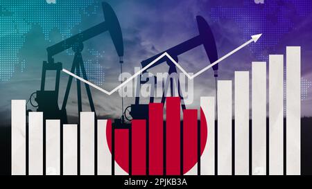 Concetto dell'industria petrolifera giapponese. Crisi economica, aumento dei prezzi, carburante default. Pozzi petroliferi, mercato azionario, economia valutaria e commercio, produzione petrolifera Foto Stock