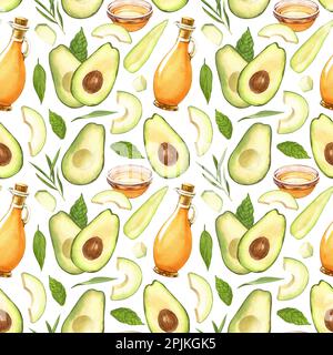 Acquerello senza cuciture di avocado fresco intero, affettato e bottiglia di olio avocado. Illustrazione disegnata a mano isolata su sfondo bianco. Cibo perfetto Foto Stock