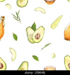 Acquerello senza cuciture di avocado fresco intero, affettato e bottiglia di olio avocado. Illustrazione disegnata a mano isolata su sfondo bianco. Cibo perfetto Foto Stock