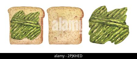 Toast all'avocado in purea di acquerello su pane panino a grani interi. Vista dall'alto. Illustrazione disegnata a mano isolata su sfondo bianco. Concetto di sano Foto Stock