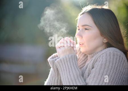 Donna che respira e si raffredda in inverno in un parco Foto Stock