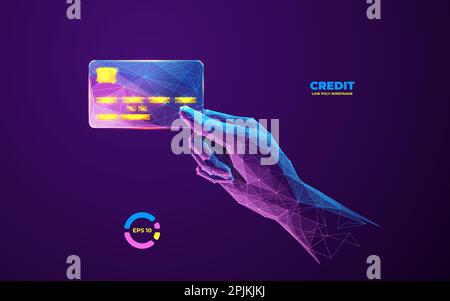 3D carta di credito in mano. Mano astratta che tiene la carta di credito. Mano digitale con carta di credito per pagamenti online o transazioni di pagamento o online banking. Illustrazione Vettoriale
