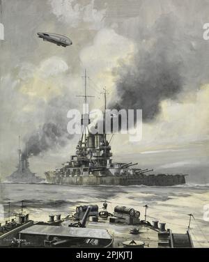 L'orgoglio della flotta tedesca - la corazzata 'Bayern', la prima nave tedesca a portare armi da 15 pollici, si arrende nel 1918, non avendo mai sparato le sue armi in azione. Pittura di Oscar Parkes. Foto Stock