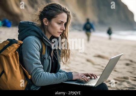 Sole, sabbia e Wi-Fi: Donne Telecommutes dalla spiaggia Foto Stock