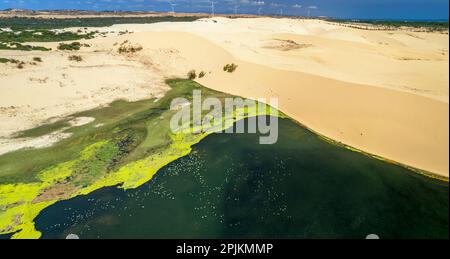 Forte contrasto geografico tra sabbia e acqua vicino a Mui NE, Vietnam Mui NE il deserto del Vietnam è un deserto nel sud-est asiatico Foto Stock