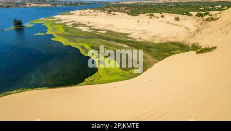 Forte contrasto geografico tra sabbia e acqua vicino a Mui NE, Vietnam Mui NE il deserto del Vietnam è un deserto nel sud-est asiatico Foto Stock