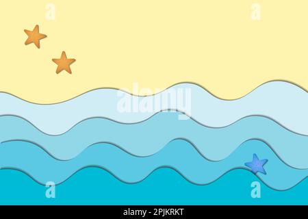 Top View beach sfondo con onde azzurre e stelle sulla spiaggia. Applicabili alla pubblicità in banner o come sito web clipart. Illustrazione Vettoriale Illustrazione Vettoriale