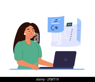 Programmatore sviluppatore Donna che lavora sullo sviluppo Web in programma virtuale,computer laptop script coding,programmazione php,python,JavaScript la artificiale Foto Stock