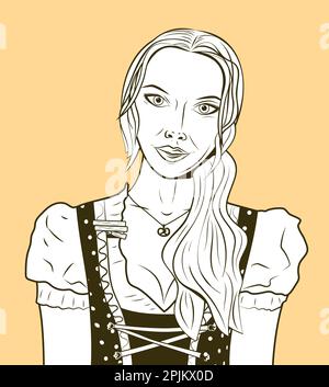 Cameriera Oktoberfest in abiti nazionali - dirndl tradizionale. Ritratto della ragazza bionda tedesca. Può essere utilizzato come parte dell'Oktoberfest o del design del menu dei pub. VEC Illustrazione Vettoriale