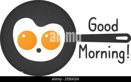 Padella con parole di saluto - Buongiorno. Due uova strapazzate formano cartoni animati carino gattino o creatura. Applicabile come banner o design del menu colazione e. Illustrazione Vettoriale
