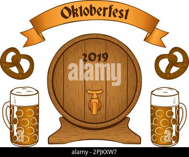 Oktoberfest vintage o retro banner - birra, pretzel, banner, barile in stile vintage. Applicabile come parti per il menu Oktoberfest o pub. Vettore di contorno Illustrazione Vettoriale