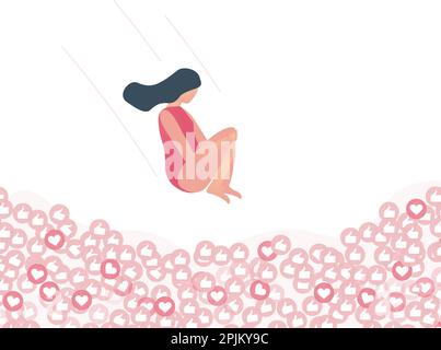 Illustrazione di blogger saltando nel tirare piena di icone simili. I social media o social network design concept. Illustrazione Vettoriale Illustrazione Vettoriale