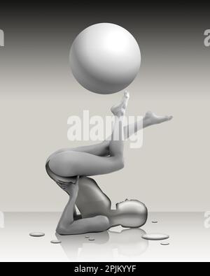 Collage d'arte con silhouette di giovane donna che posa sul pavimento e tocca la sfera spaziale con le dita dei piedi. Immagine in bianco e nero Foto Stock